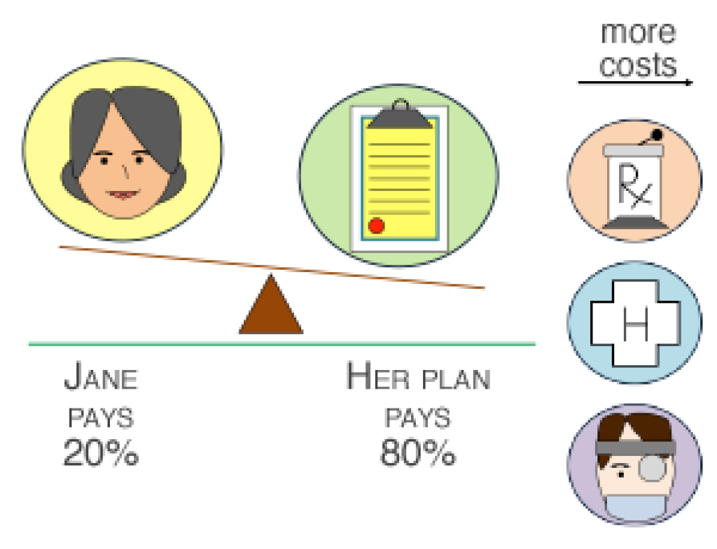 Item 3 of 4 in this example: Phase 2 coinsurance: A weighed scale with the customer, Jane, paying 20% and her plan paying 80%.